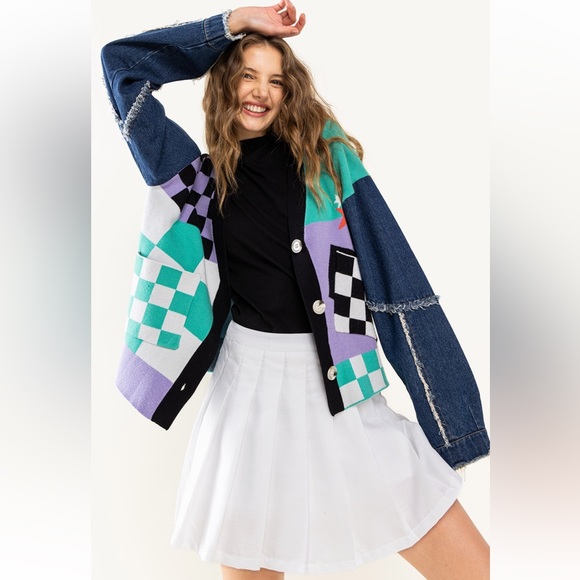 Fabulous reckerboard & Denim Patch Work Cardigan - Picture 1 of 8